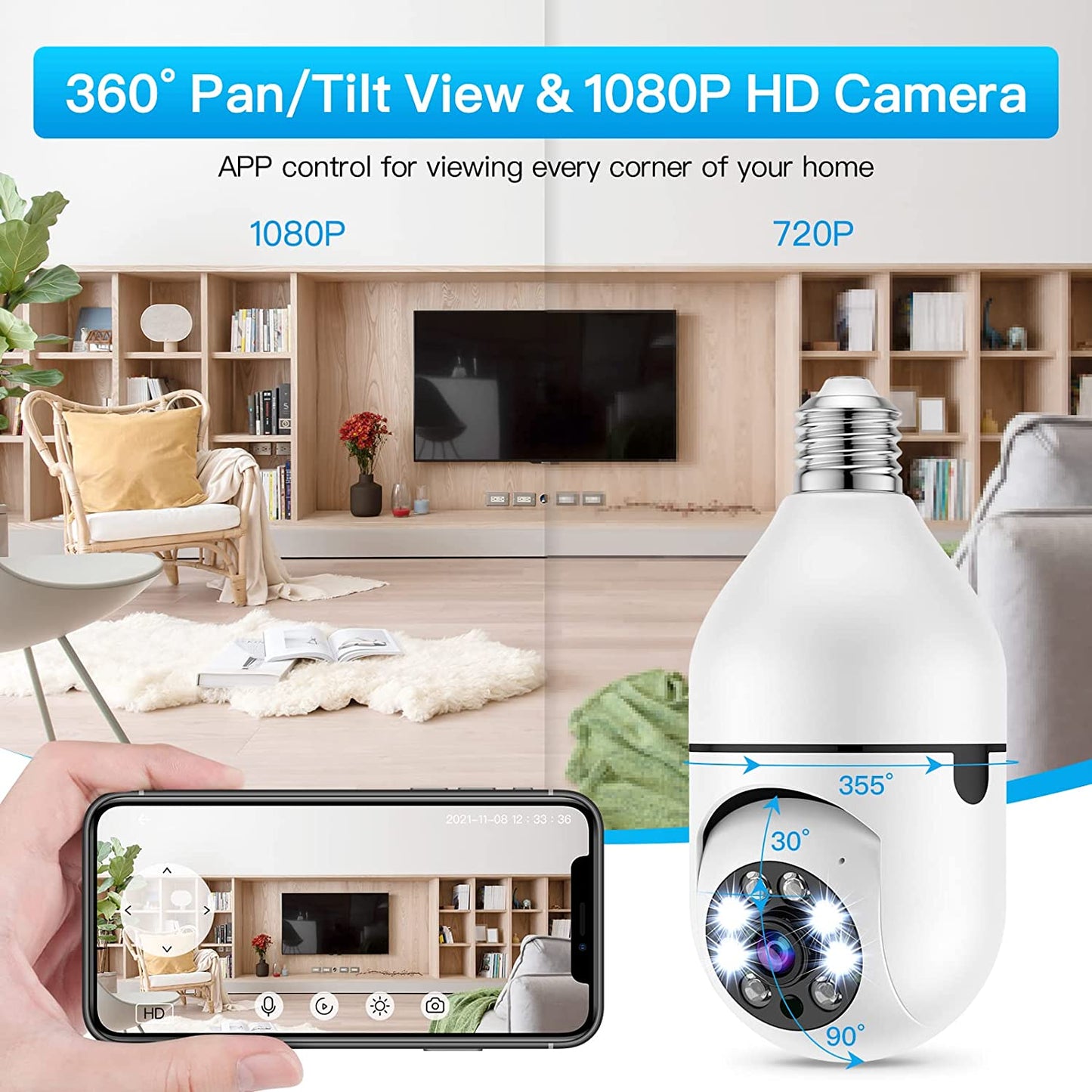 360 Security Panoramic Light Bulb Camera 1080P Full HD 5GHz WiFi Surveillance Camera for Home Baby Pet Monitor